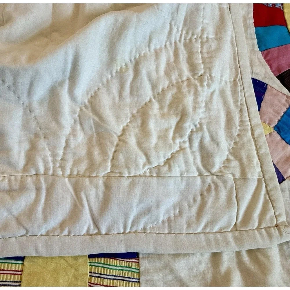 Vintage Handmade Colorful Floral Scrap Pink Double Wedding Ring Full Quilt 80x90